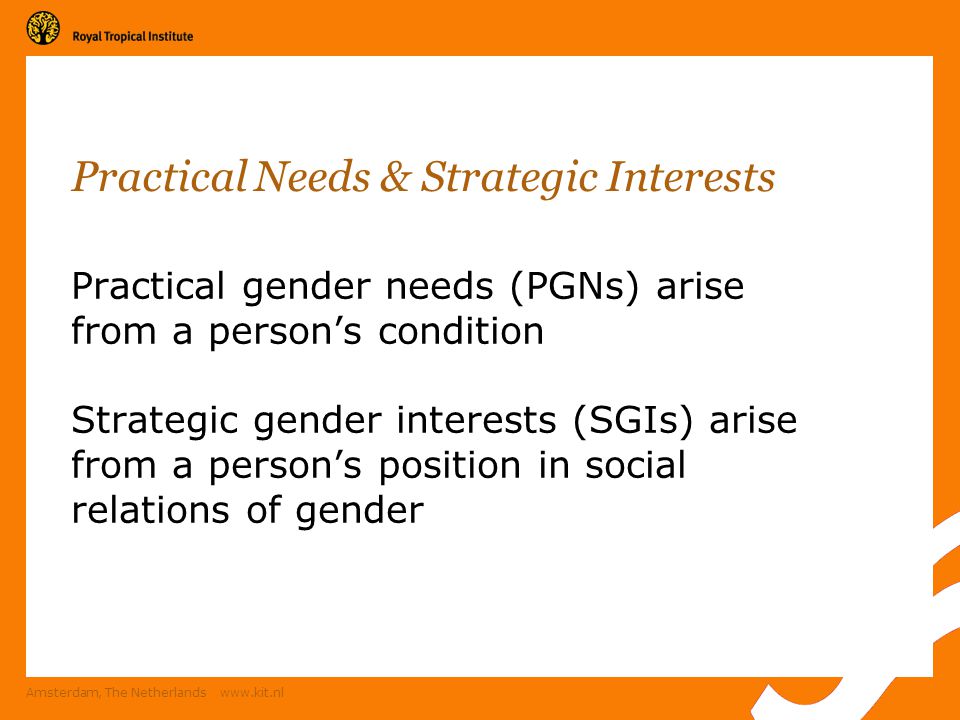 Amsterdam, The Netherlands   Practical Needs & Strategic Interests Practical gender needs (PGNs) arise from a person’s condition Strategic gender interests (SGIs) arise from a person’s position in social relations of gender