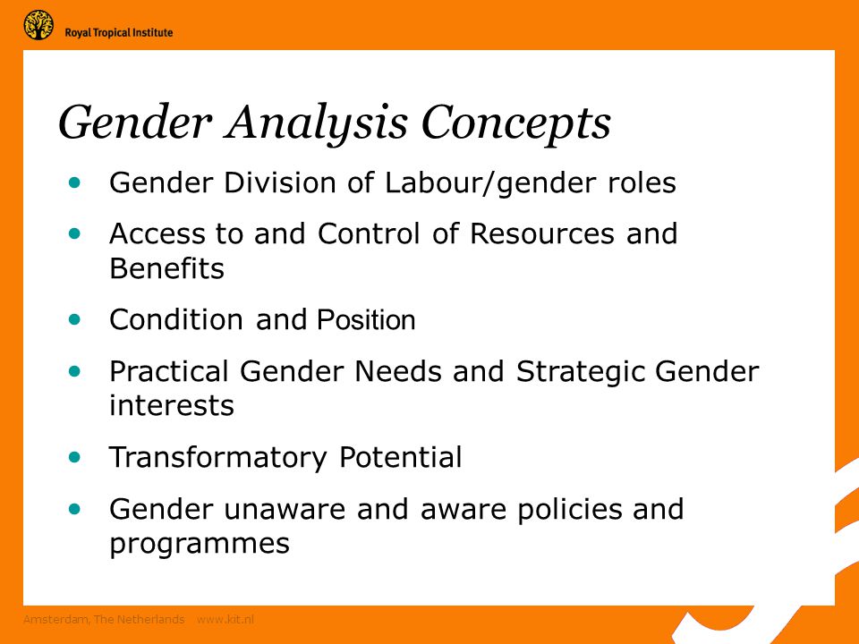 Amsterdam, The Netherlands   Gender Division of Labour/gender roles Access to and Control of Resources and Benefits Condition and Position Practical Gender Needs and Strategic Gender interests Transformatory Potential Gender unaware and aware policies and programmes Gender Analysis Concepts