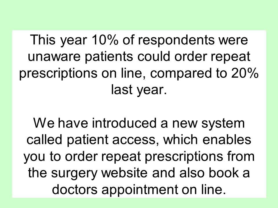 This year 10% of respondents were unaware patients could order repeat prescriptions on line, compared to 20% last year.