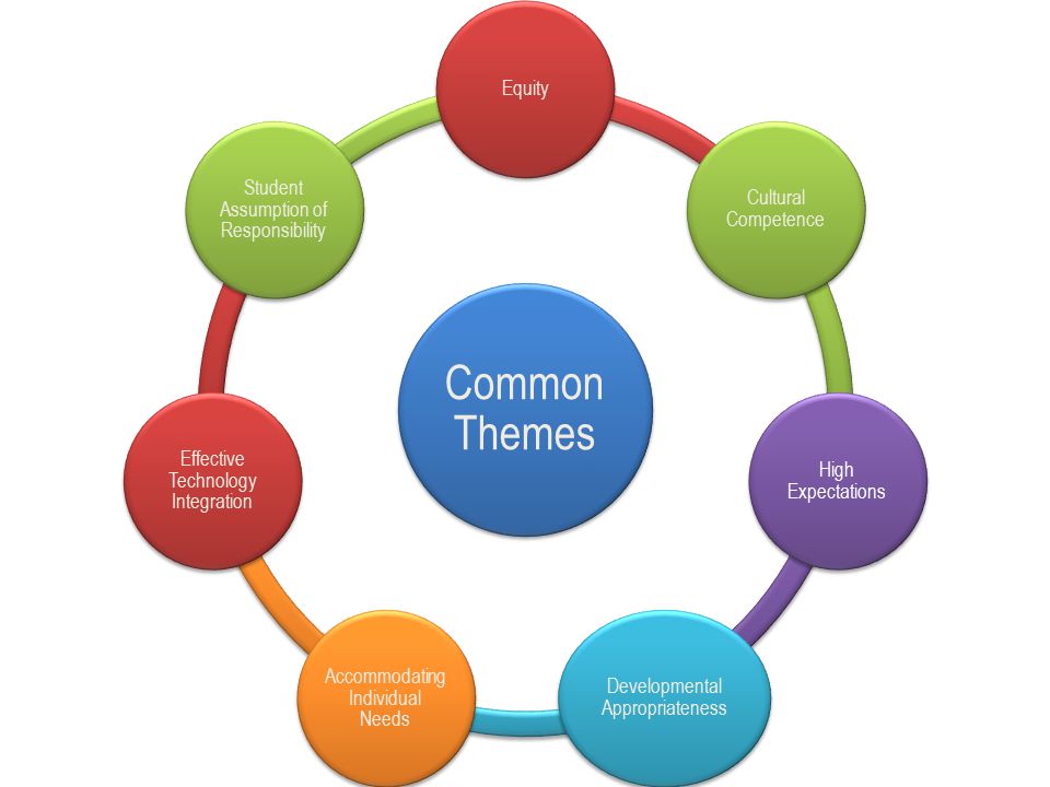 Common Themes Equity Cultural Competence High Expectations Developmental Appropriateness Accommodating Individual Needs Effective Technology Integration Student Assumption of Responsibility