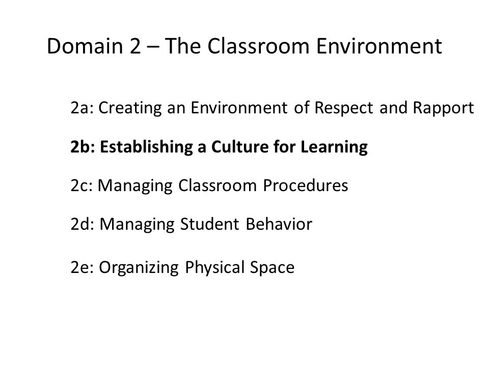 Domain 2 – The Classroom Environment 2a: Creating an Environment of Respect and Rapport 2b: Establishing a Culture for Learning 2c: Managing Classroom Procedures 2d: Managing Student Behavior 2e: Organizing Physical Space