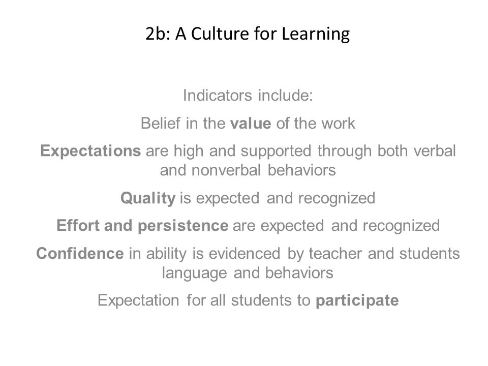 2b: A Culture for Learning Indicators include: Belief in the value of the work Expectations are high and supported through both verbal and nonverbal behaviors Quality is expected and recognized Effort and persistence are expected and recognized Confidence in ability is evidenced by teacher and students language and behaviors Expectation for all students to participate