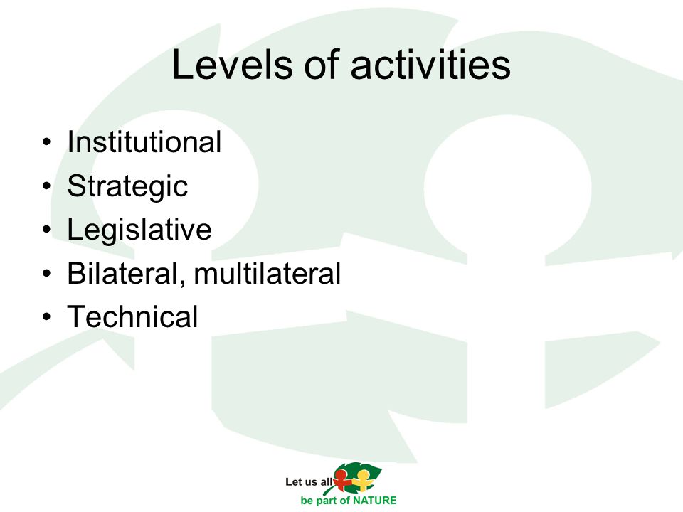 Levels of activities Institutional Strategic Legislative Bilateral, multilateral Technical