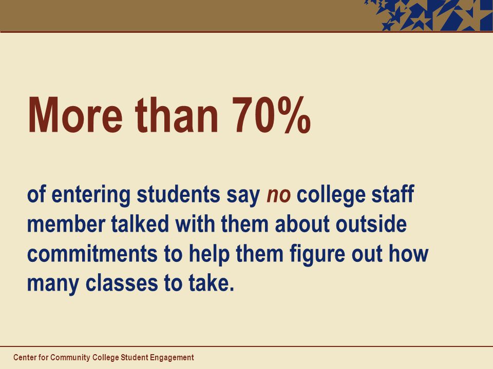 Center for Community College Student Engagement More than 70% of entering students say no college staff member talked with them about outside commitments to help them figure out how many classes to take.