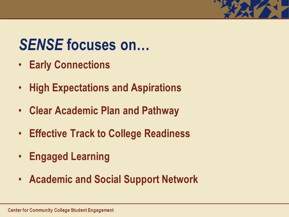 SENSE focuses on… Early Connections High Expectations and Aspirations Clear Academic Plan and Pathway Effective Track to College Readiness Engaged Learning Academic and Social Support Network Center for Community College Student Engagement