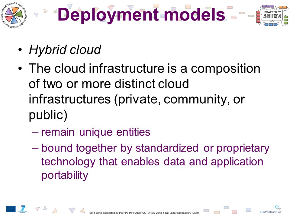 Deployment models Hybrid cloud The cloud infrastructure is a composition of two or more distinct cloud infrastructures (private, community, or public) –remain unique entities –bound together by standardized or proprietary technology that enables data and application portability