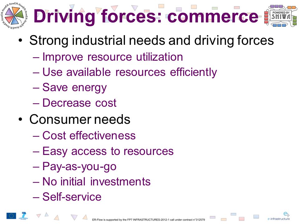 Driving forces: commerce Strong industrial needs and driving forces –Improve resource utilization –Use available resources efficiently –Save energy –Decrease cost Consumer needs –Cost effectiveness –Easy access to resources –Pay-as-you-go –No initial investments –Self-service