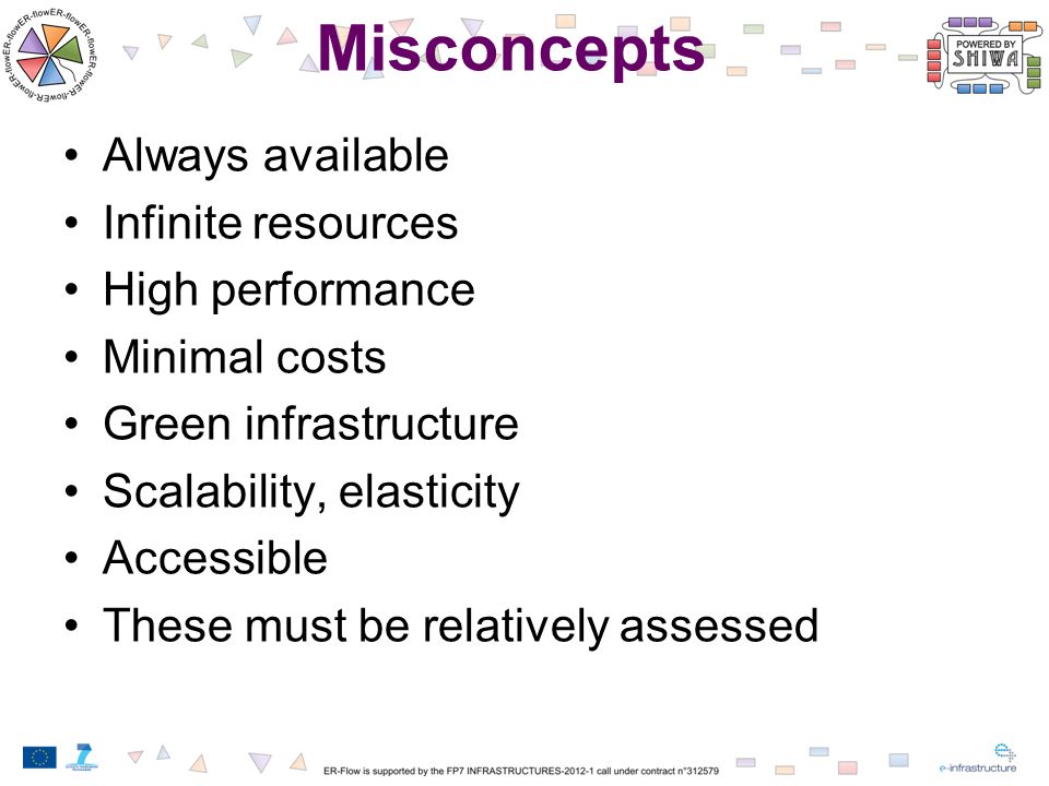 Misconcepts Always available Infinite resources High performance Minimal costs Green infrastructure Scalability, elasticity Accessible These must be relatively assessed