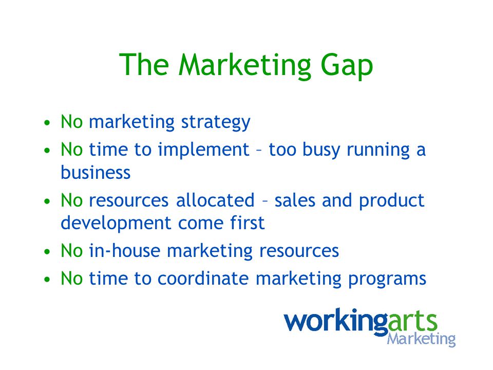 The Marketing Gap No marketing strategy No time to implement – too busy running a business No resources allocated – sales and product development come first No in-house marketing resources No time to coordinate marketing programs