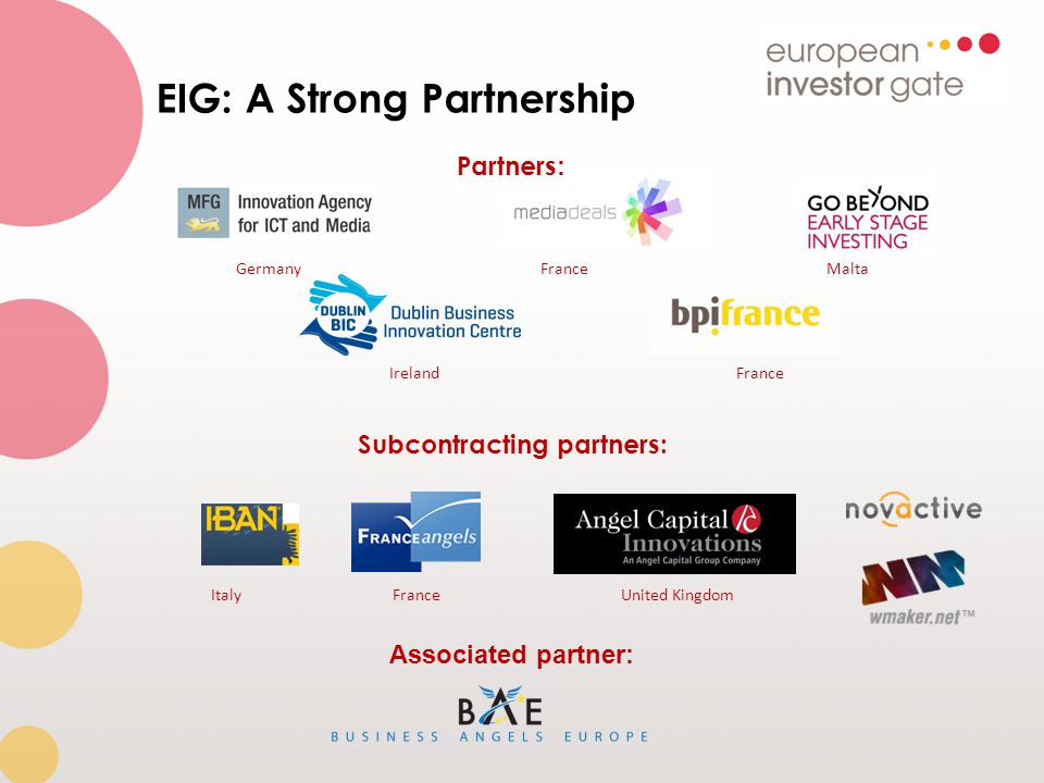 EIG: A Strong Partnership Associated partner: Partners : Germany Ireland FranceMalta Italy France United Kingdom Subcontracting partners: