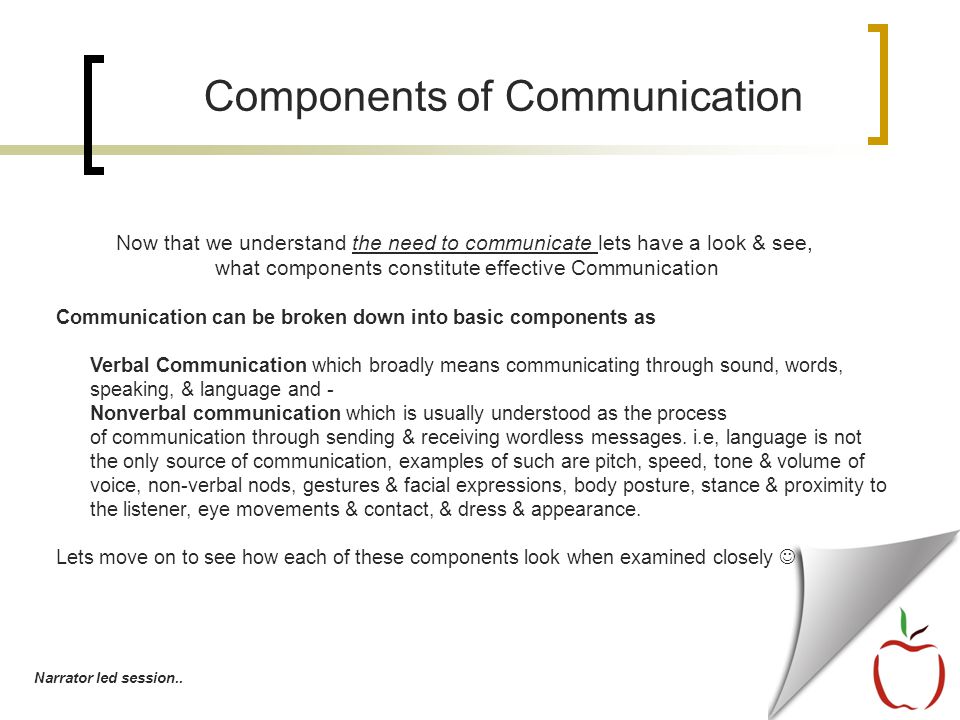 Communication can be broken down into basic components as Verbal Communication which broadly means communicating through sound, words, speaking, & language and - Nonverbal communication which is usually understood as the process of communication through sending & receiving wordless messages.