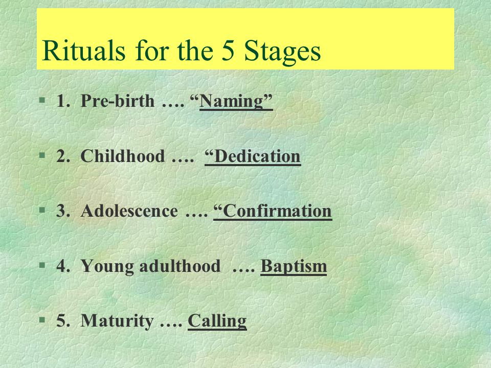 Rituals for the 5 Stages §1. Pre-birth …. Naming §2.