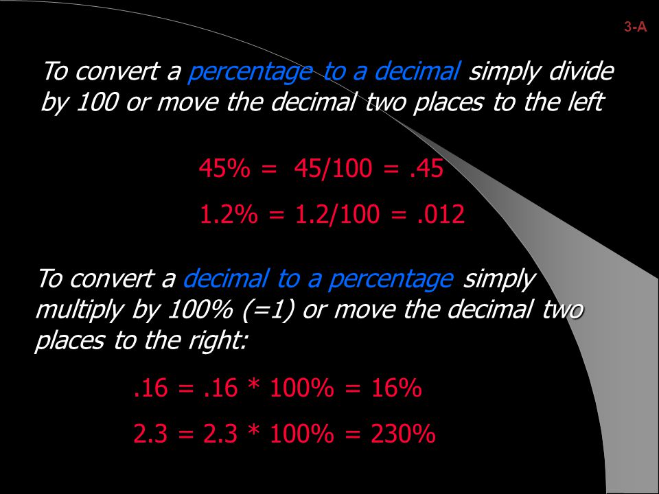 To convert a percentage to a decimal simply divide by 100 or move the decimal two places to the left To convert a simply multiply by 100% (=1) or move the decimal two places to the right: To convert a decimal to a percentage simply multiply by 100% (=1) or move the decimal two places to the right: 45% = 45/100 = % = 1.2/100 = =.16 * 100% = 16% 2.3 = 2.3 * 100% = 230% 3-A