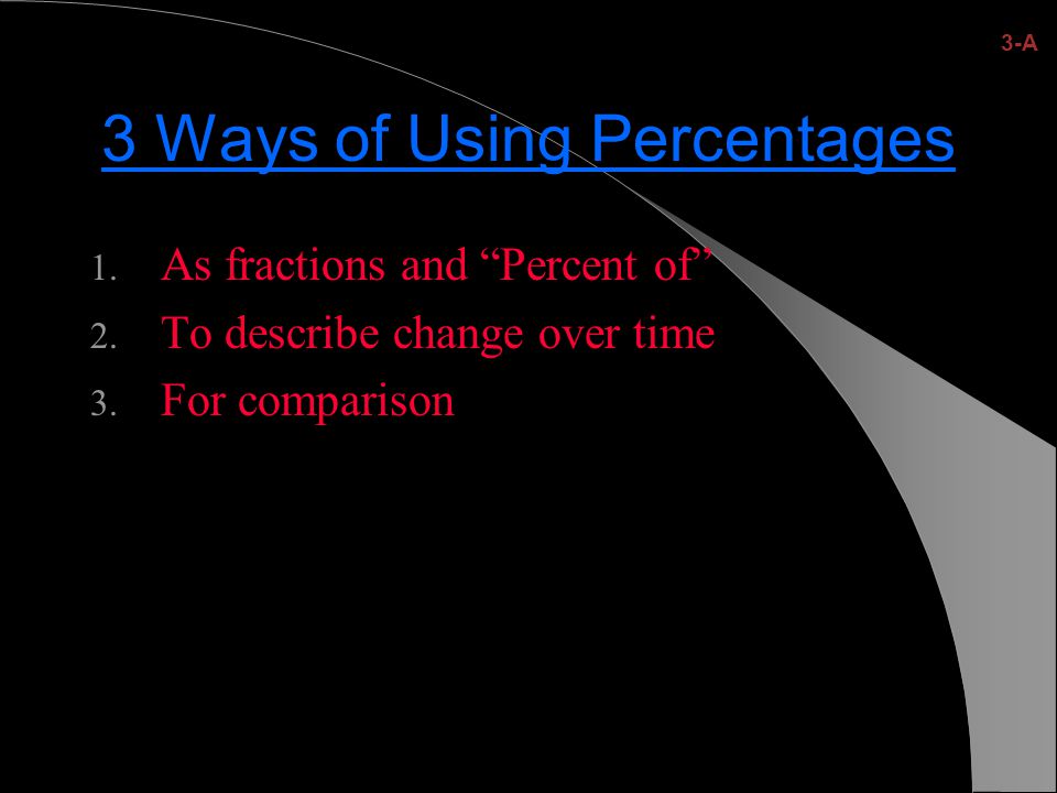 3 Ways of Using Percentages 1. As fractions and Percent of 2.