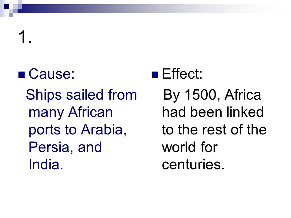 1. Cause: Ships sailed from many African ports to Arabia, Persia, and India.