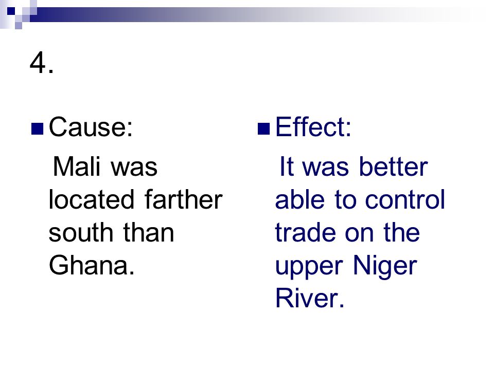 4. Cause: Mali was located farther south than Ghana.
