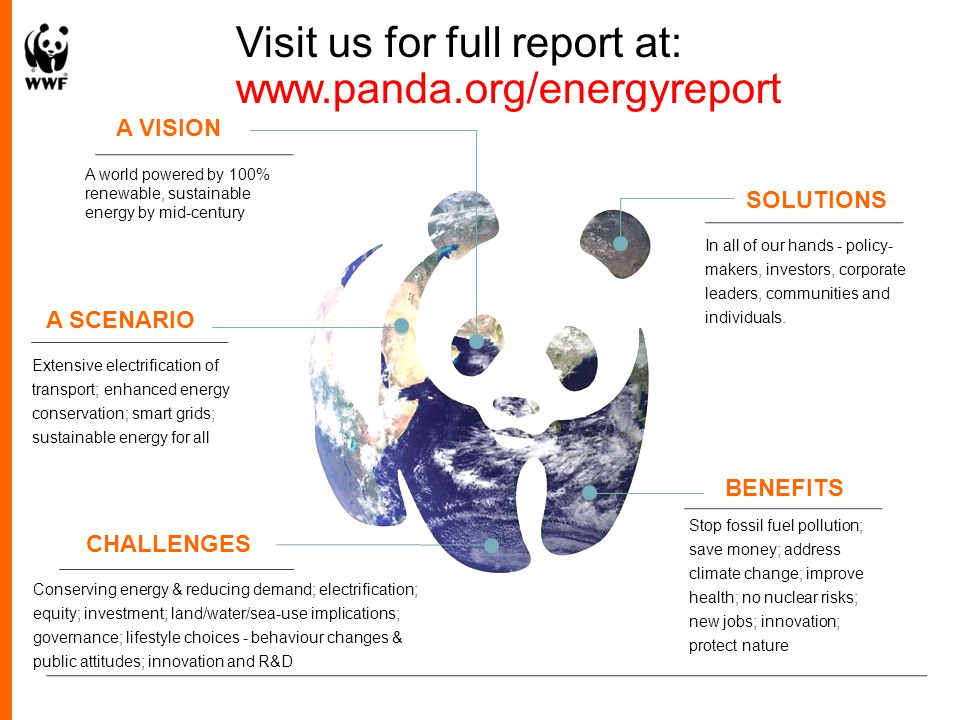 The Energy Report Visit us for full report at:   A world powered by 100% renewable, sustainable energy by mid-century In all of our hands - policy- makers, investors, corporate leaders, communities and individuals.