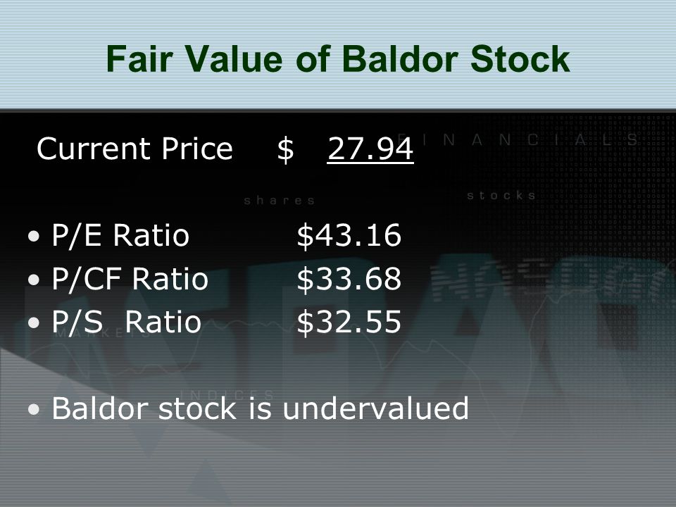 Fair Value of Baldor Stock Current Price $ P/E Ratio$43.16 P/CF Ratio$33.68 P/S Ratio$32.55 Baldor stock is undervalued