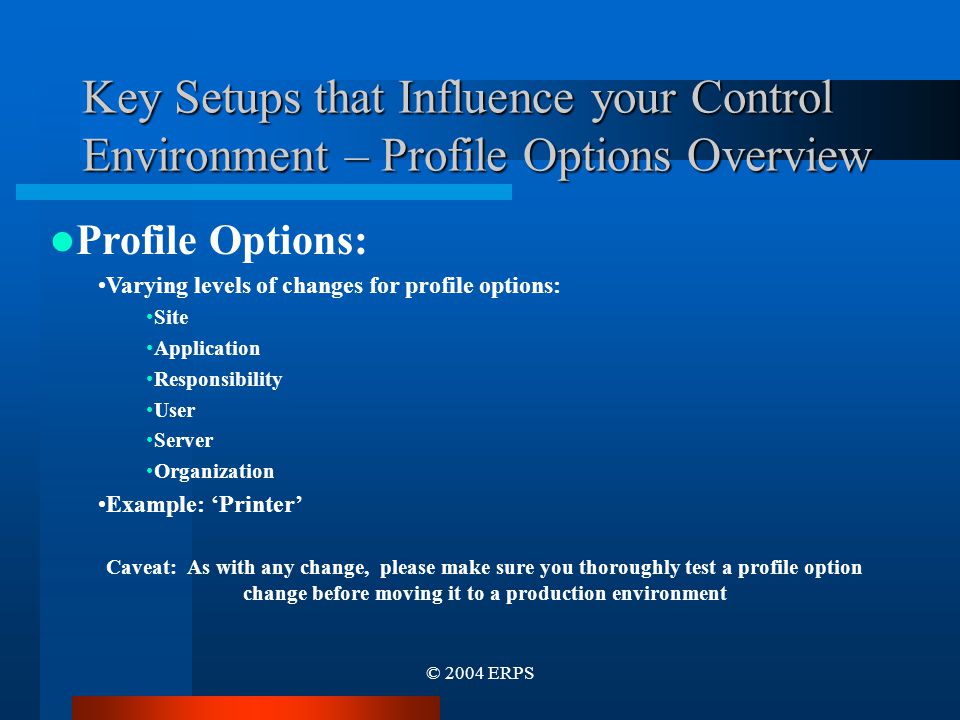 © 2004 ERPS Key Setups that Influence your Control Environment – Profile Options Overview Profile Options: Varying levels of changes for profile options: Site Application Responsibility User Server Organization Example: ‘Printer’ Caveat: As with any change, please make sure you thoroughly test a profile option change before moving it to a production environment