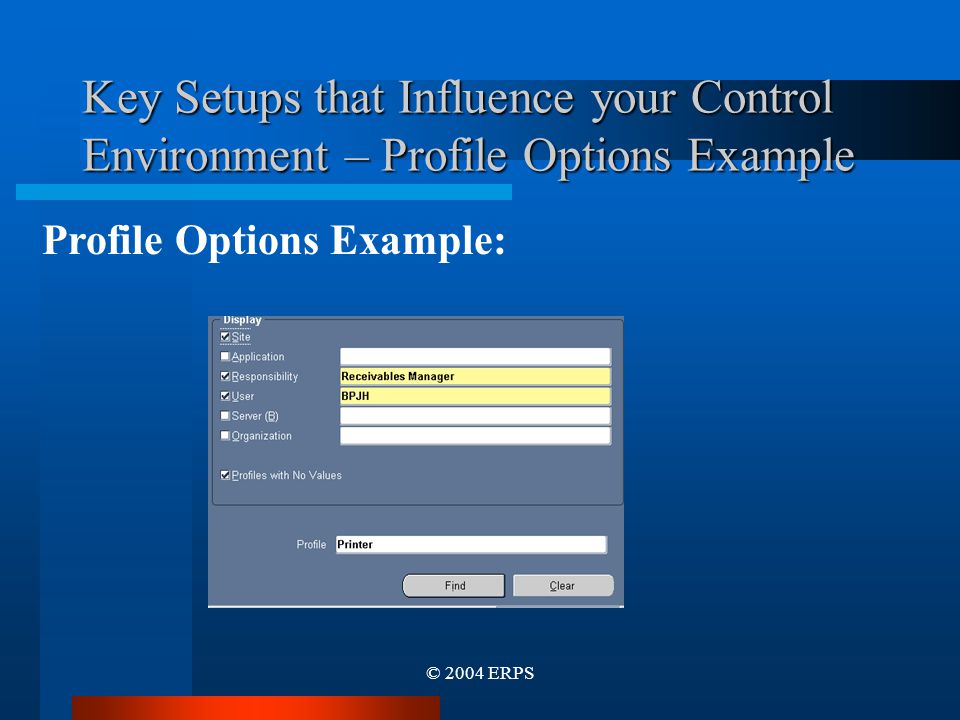 © 2004 ERPS Key Setups that Influence your Control Environment – Profile Options Example Profile Options Example: