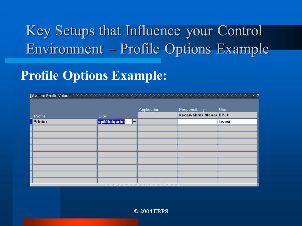 © 2004 ERPS Key Setups that Influence your Control Environment – Profile Options Example Profile Options Example: