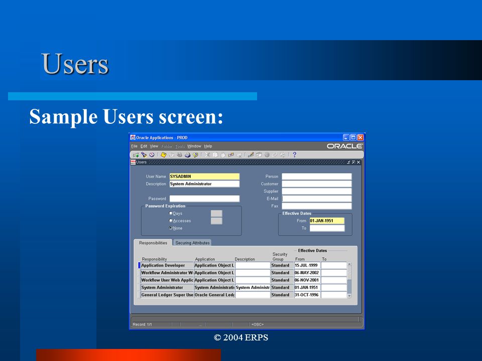 © 2004 ERPS Users Sample Users screen: