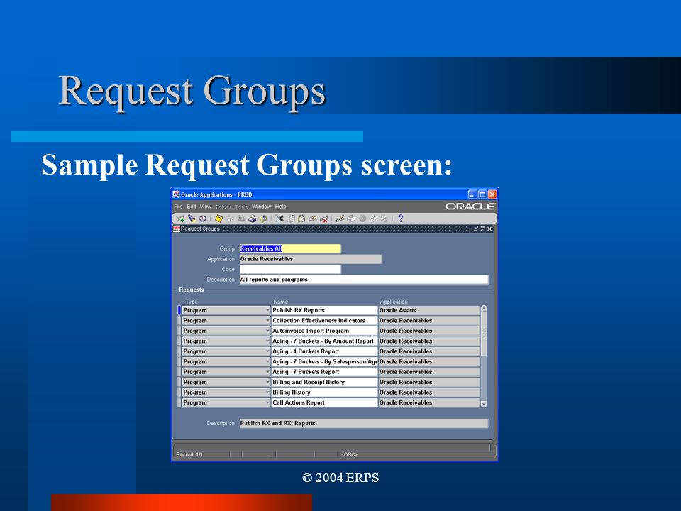 © 2004 ERPS Request Groups Sample Request Groups screen: