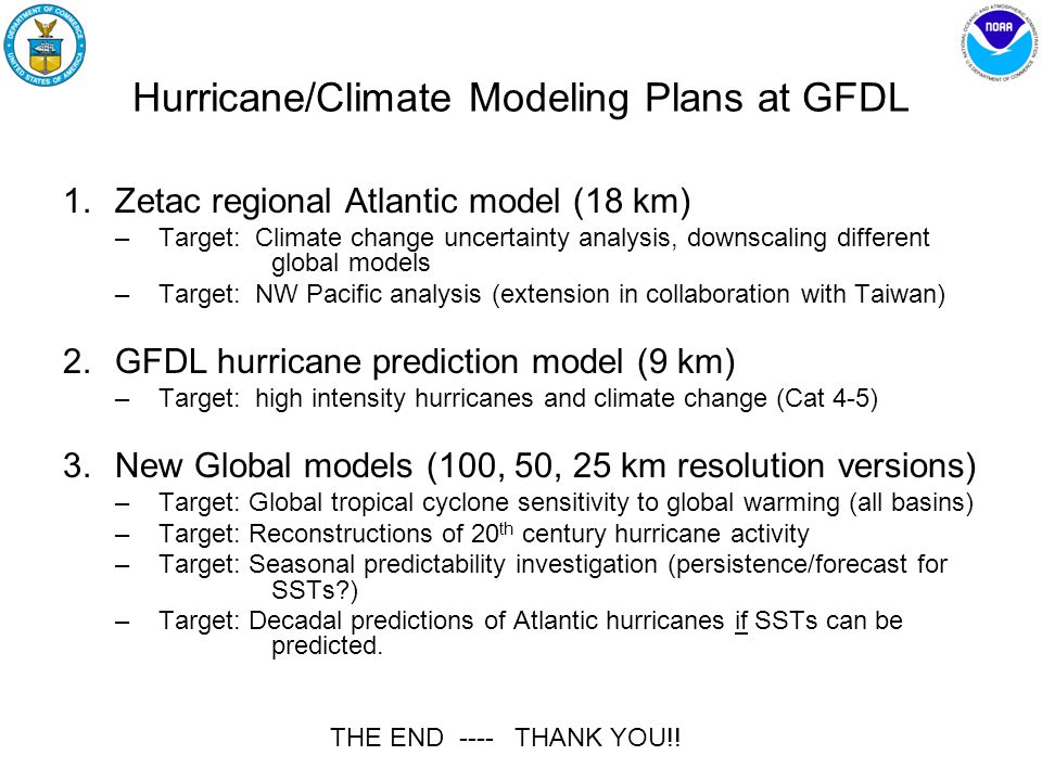 Hurricane/Climate Modeling Plans at GFDL 1.Zetac regional Atlantic model (18 km) –Target: Climate change uncertainty analysis, downscaling different global models –Target: NW Pacific analysis (extension in collaboration with Taiwan) 2.GFDL hurricane prediction model (9 km) –Target: high intensity hurricanes and climate change (Cat 4-5) 3.New Global models (100, 50, 25 km resolution versions) –Target: Global tropical cyclone sensitivity to global warming (all basins) –Target: Reconstructions of 20 th century hurricane activity –Target: Seasonal predictability investigation (persistence/forecast for SSTs ) –Target: Decadal predictions of Atlantic hurricanes if SSTs can be predicted.