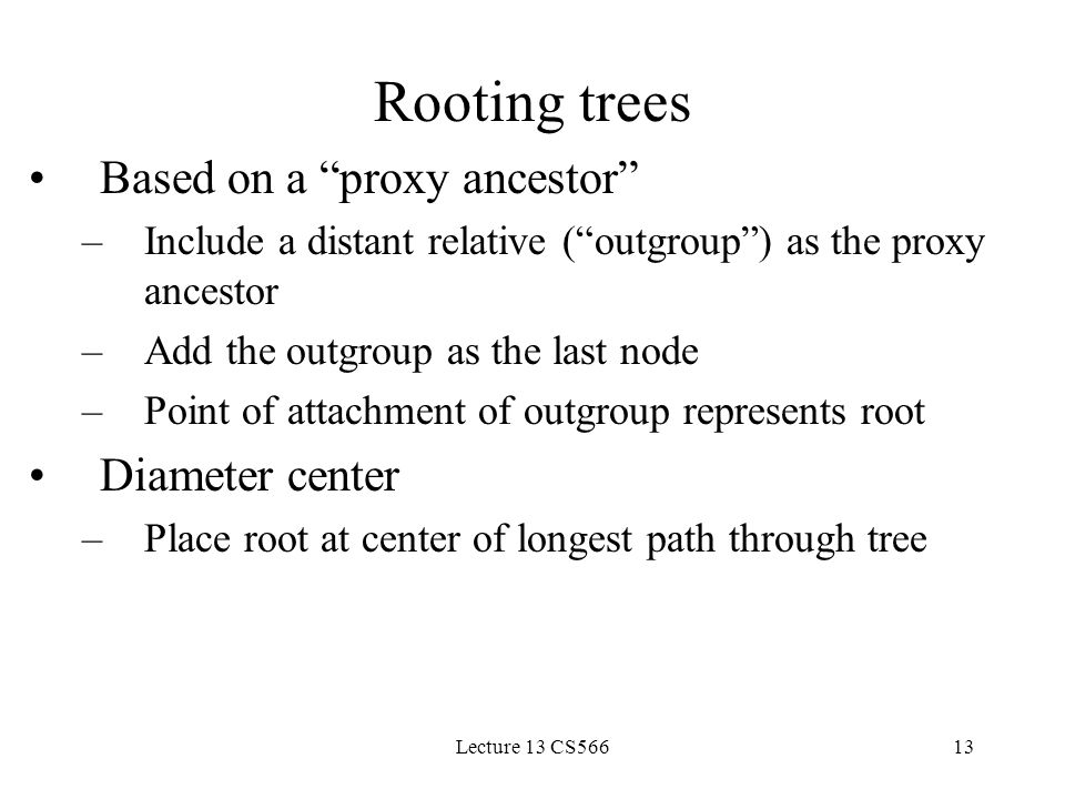 Lecture 13 CS56613 Rooting trees Based on a proxy ancestor –Include a distant relative ( outgroup ) as the proxy ancestor –Add the outgroup as the last node –Point of attachment of outgroup represents root Diameter center –Place root at center of longest path through tree