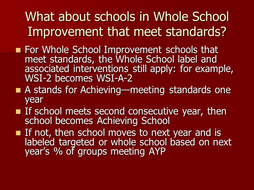 What about schools in Whole School Improvement that meet standards.
