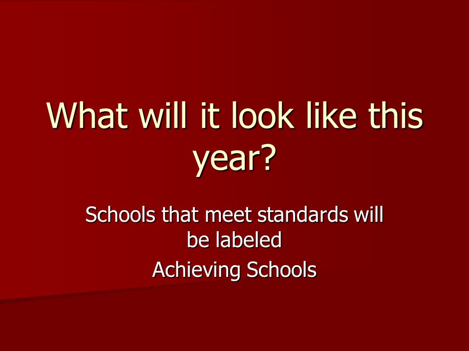 What will it look like this year Schools that meet standards will be labeled Achieving Schools