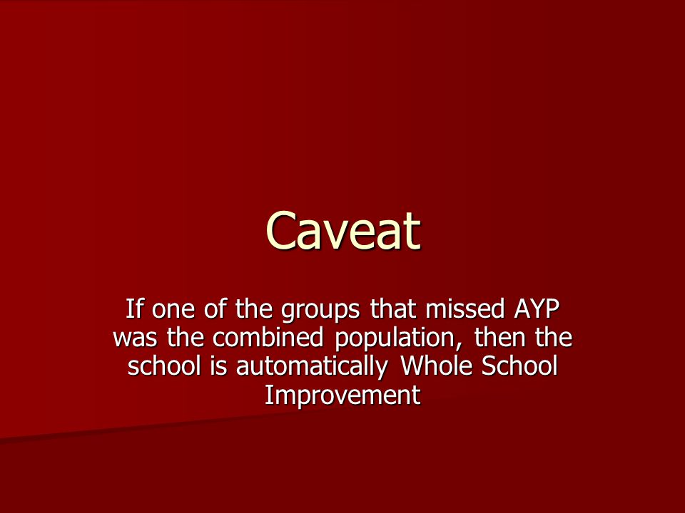 Caveat If one of the groups that missed AYP was the combined population, then the school is automatically Whole School Improvement