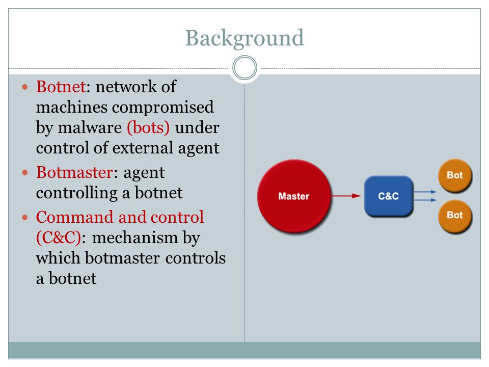 Background Botnet: network of machines compromised by malware (bots) under control of external agent Botmaster: agent controlling a botnet Command and control (C&C): mechanism by which botmaster controls a botnet