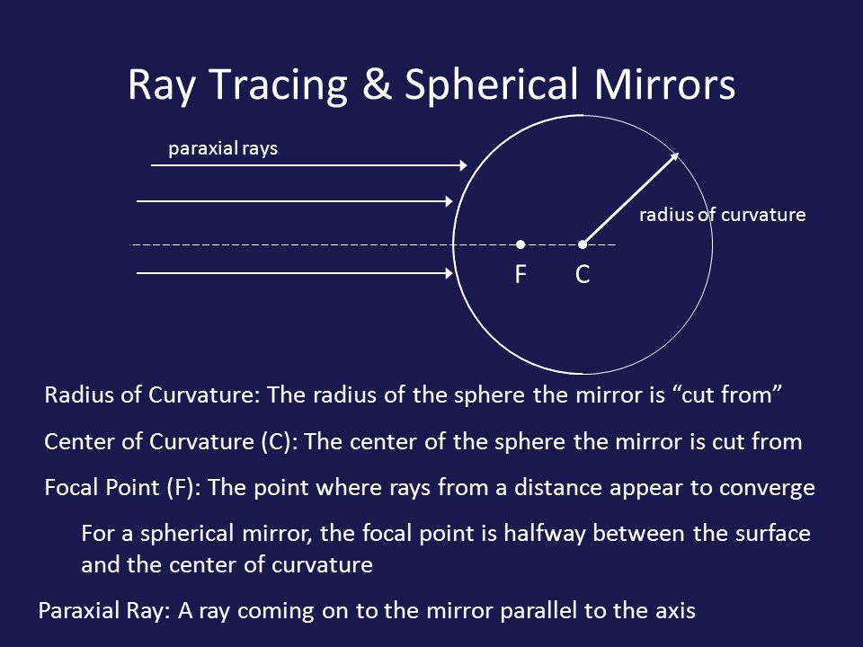 Ray Tracing & Spherical Mirrors Radius of Curvature: The radius of the sphere the mirror is cut from Center of Curvature (C): The center of the sphere the mirror is cut from Focal Point (F): The point where rays from a distance appear to converge For a spherical mirror, the focal point is halfway between the surface and the center of curvature Paraxial Ray: A ray coming on to the mirror parallel to the axis CF radius of curvature paraxial rays