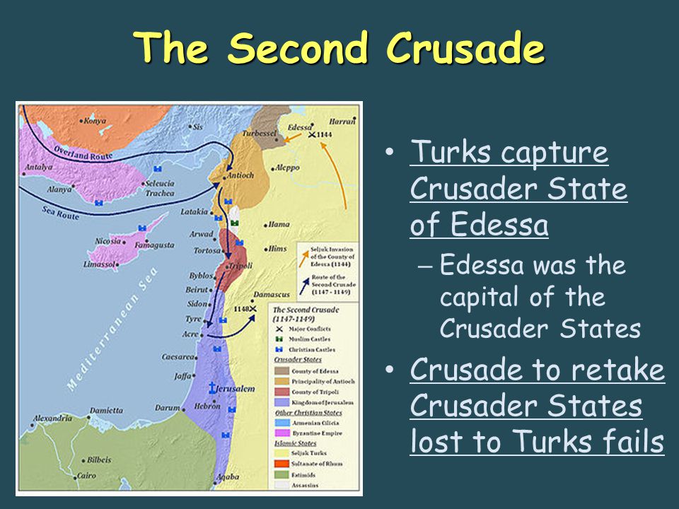 The Second Crusade Turks capture Crusader State of Edessa – Edessa was the capital of the Crusader States Crusade to retake Crusader States lost to Turks fails