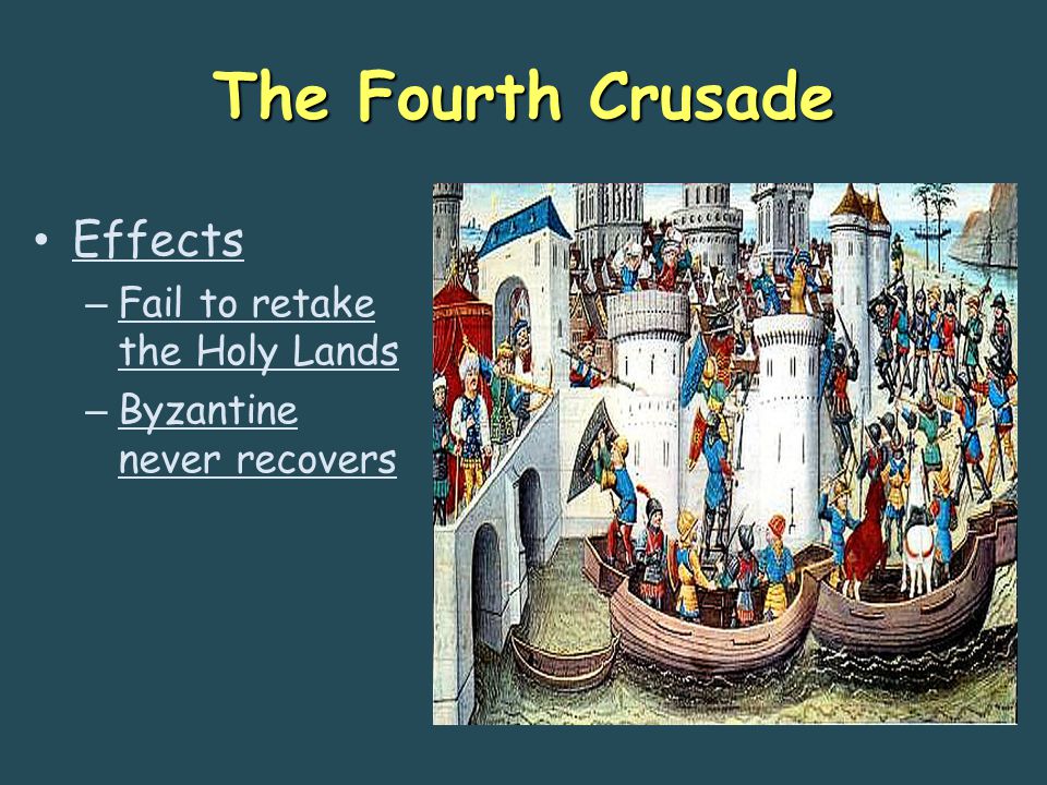 The Fourth Crusade Effects – Fail to retake the Holy Lands – Byzantine never recovers