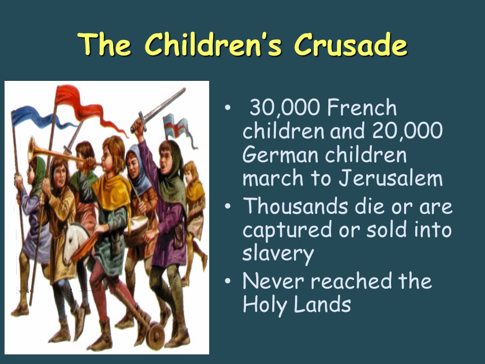 The Children’s Crusade 30,000 French children and 20,000 German children march to Jerusalem Thousands die or are captured or sold into slavery Never reached the Holy Lands