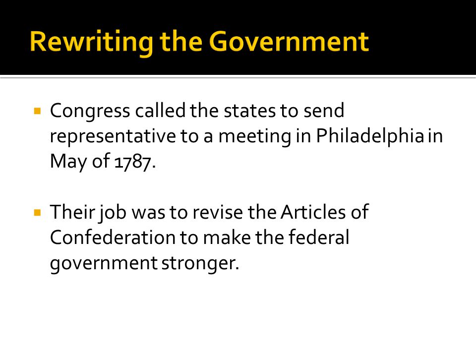  Congress called the states to send representative to a meeting in Philadelphia in May of 1787.