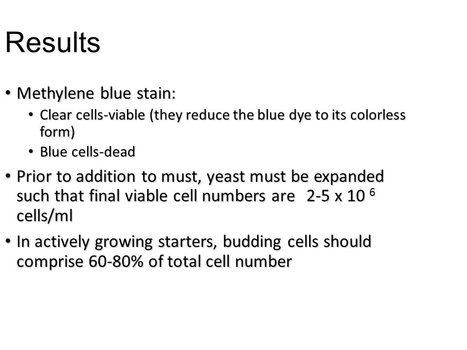 Results Methylene blue stain: Methylene blue stain: Clear cells-viable (they reduce the blue dye to its colorless form) Clear cells-viable (they reduce the blue dye to its colorless form) Blue cells-dead Blue cells-dead Prior to addition to must, yeast must be expanded such that final viable cell numbers are 2-5 x 10 6 cells/ml Prior to addition to must, yeast must be expanded such that final viable cell numbers are 2-5 x 10 6 cells/ml In actively growing starters, budding cells should comprise 60-80% of total cell number In actively growing starters, budding cells should comprise 60-80% of total cell number
