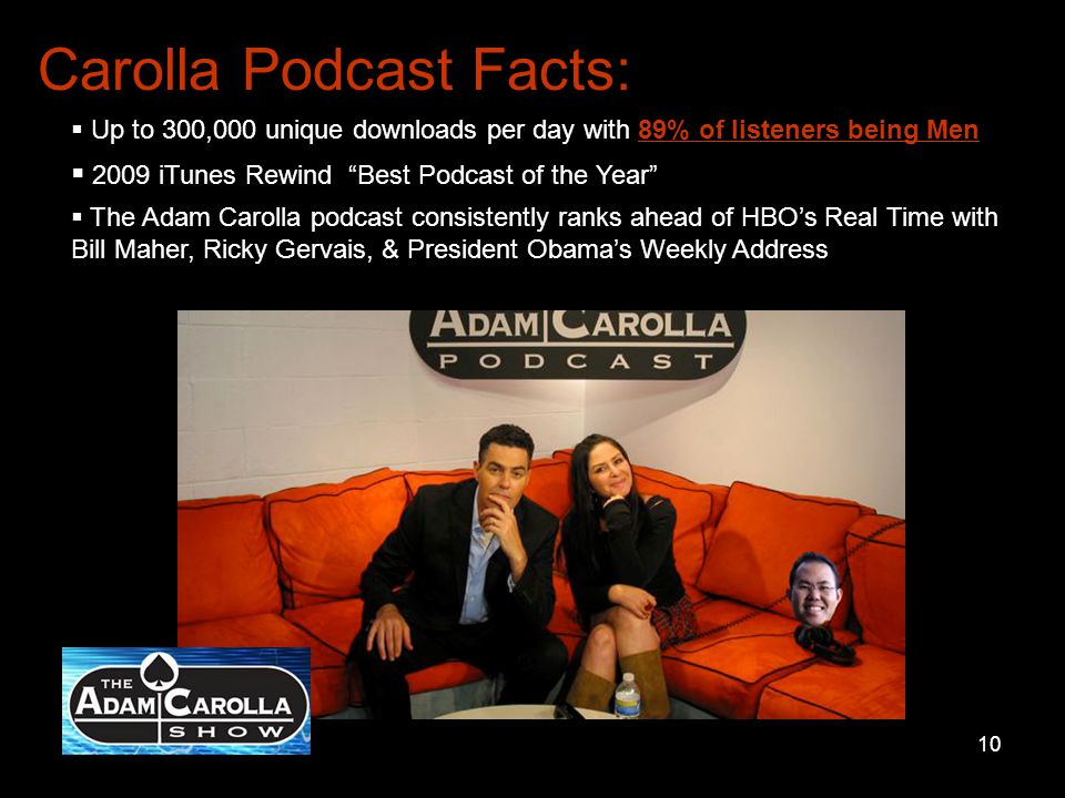 10 Carolla Podcast Facts:  Up to 300,000 unique downloads per day with 89% of listeners being Men  2009 iTunes Rewind Best Podcast of the Year  The Adam Carolla podcast consistently ranks ahead of HBO’s Real Time with Bill Maher, Ricky Gervais, & President Obama’s Weekly Address