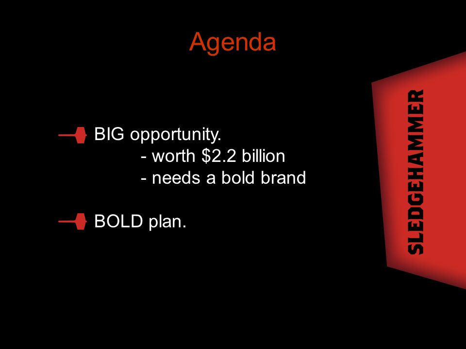 BIG opportunity. - worth $2.2 billion - needs a bold brand BOLD plan. Agenda