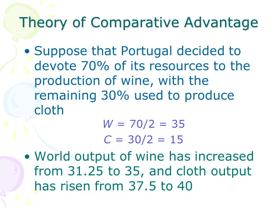 Theory of Comparative Advantage Suppose that Portugal decided to devote 70% of its resources to the production of wine, with the remaining 30% used to produce cloth W = 70/2 = 35 C = 30/2 = 15 World output of wine has increased from to 35, and cloth output has risen from 37.5 to 40