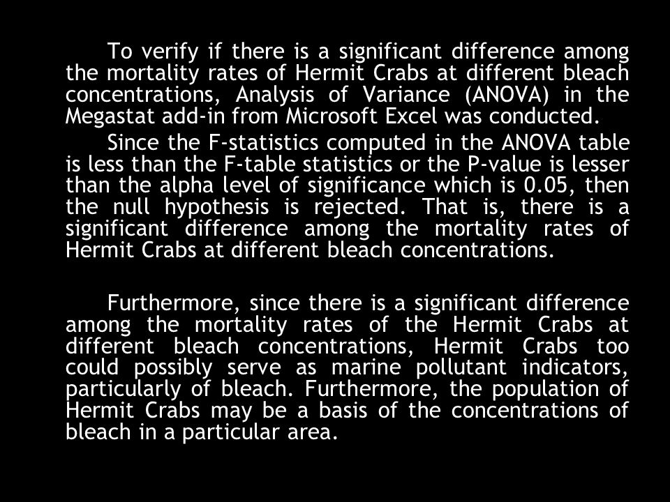 To verify if there is a significant difference among the mortality rates of Hermit Crabs at different bleach concentrations, Analysis of Variance (ANOVA) in the Megastat add-in from Microsoft Excel was conducted.