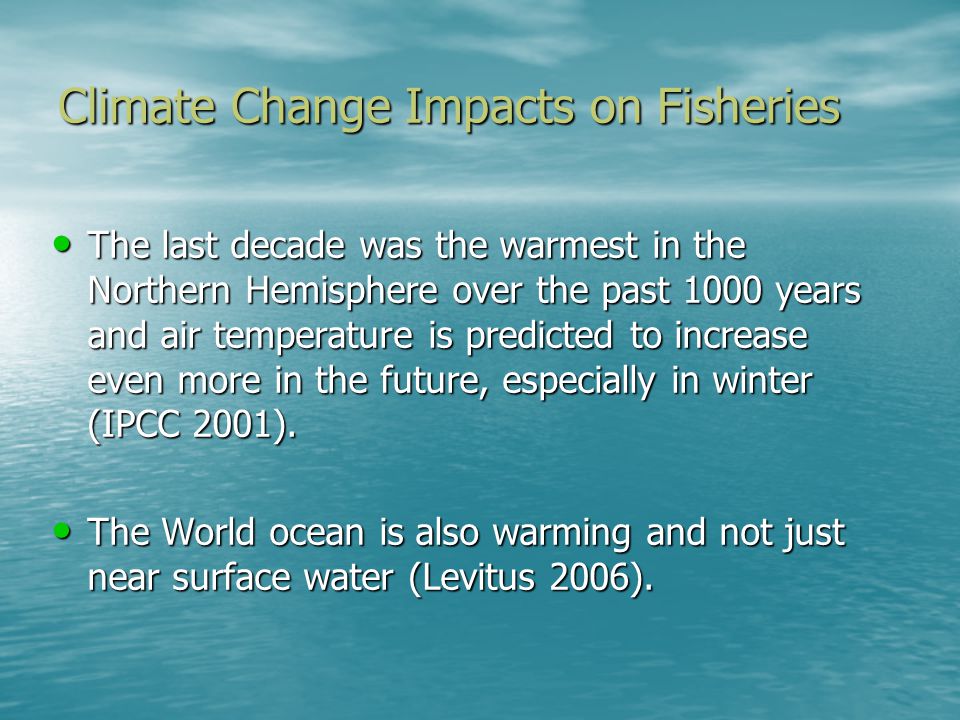 Climate Change Impacts on Fisheries The last decade was the warmest in the Northern Hemisphere over the past 1000 years and air temperature is predicted to increase even more in the future, especially in winter (IPCC 2001).