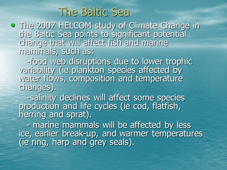 The Baltic Sea The Baltic Sea The 2007 HELCOM study of Climate Change in the Baltic Sea points to significant potential change that will affect fish and marine mammals, such as: The 2007 HELCOM study of Climate Change in the Baltic Sea points to significant potential change that will affect fish and marine mammals, such as: -food web disruptions due to lower trophic variability (ie plankton species affected by water flows, composition and temperature changes).
