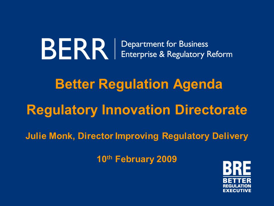 Better Regulation Agenda Regulatory Innovation Directorate Julie Monk, Director Improving Regulatory Delivery 10 th February 2009