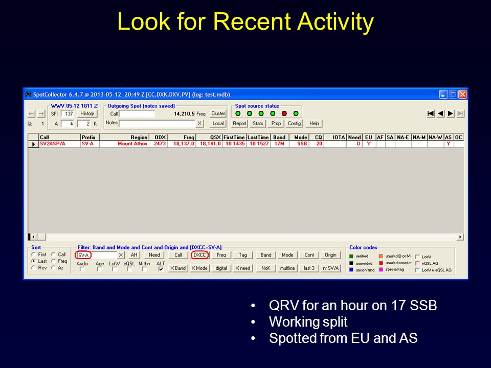 Look for Recent Activity QRV for an hour on 17 SSB Working split Spotted from EU and AS