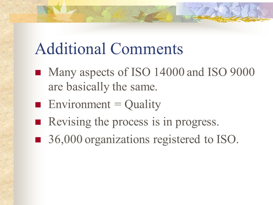 Additional Comments Many aspects of ISO and ISO 9000 are basically the same.