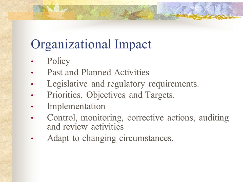 Organizational Impact Policy Past and Planned Activities Legislative and regulatory requirements.