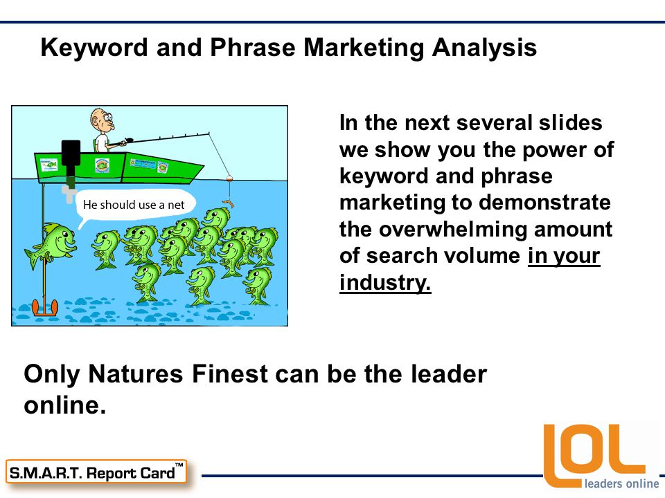 In the next several slides we show you the power of keyword and phrase marketing to demonstrate the overwhelming amount of search volume in your industry.